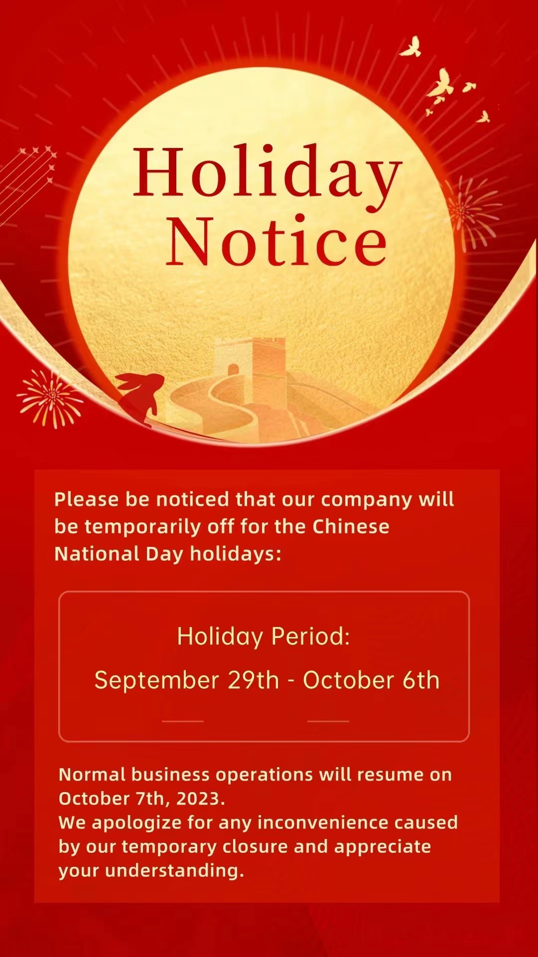 2023 China Nationalfeiertag Feiertag Ankündigung